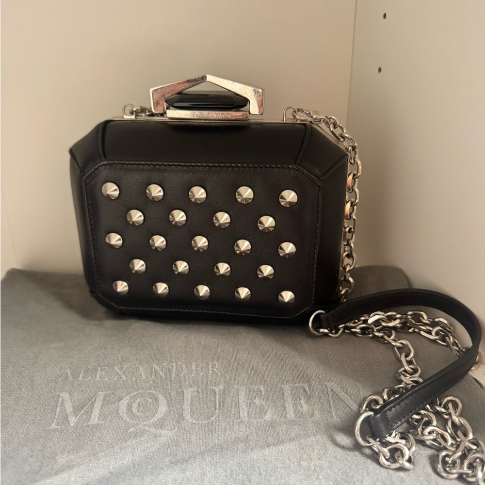Alexander McQueen Black Studded Leather clutch Bag with Chain Strap and stone cl